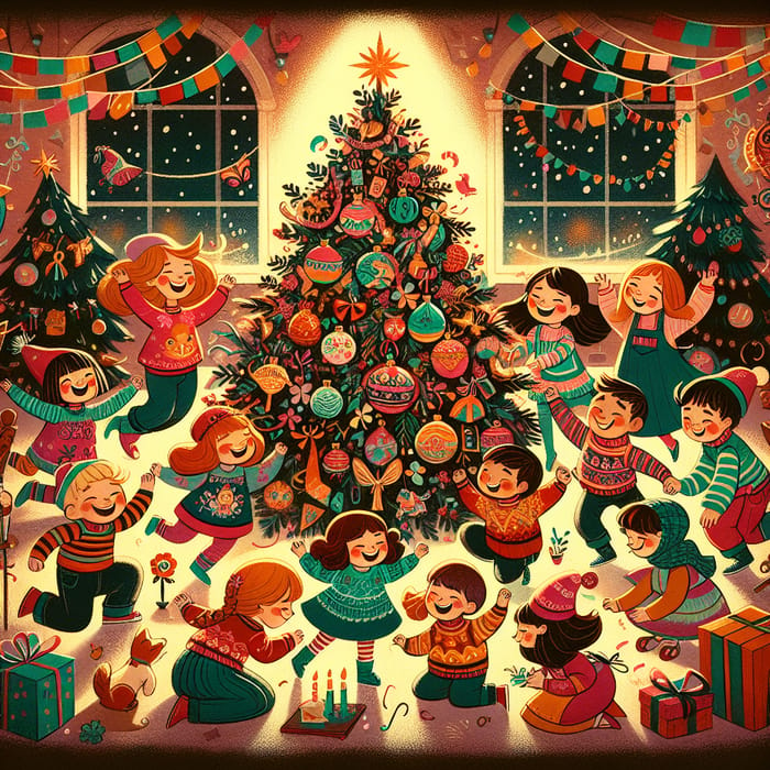 Kids Playing Around Holy Christmas Tree - Joyful Illustration