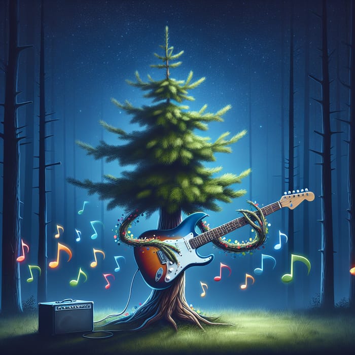 Whimsical Pine Tree Strumming Electric Guitar in Serene Forest at Twilight