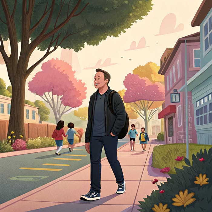 Pixar-Style Elon Musk Walking to School Image