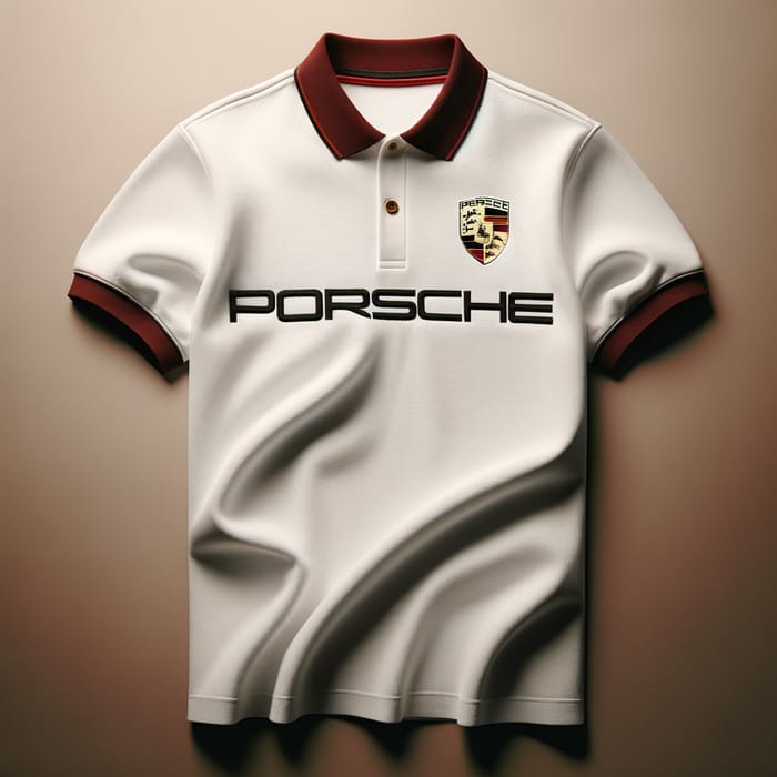 White Polo Shirt with Dark Red Collar and Porsche Logo