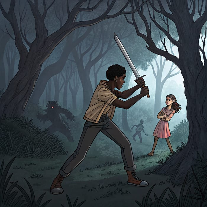 Epic Sword Fight: Teen Boy vs Demons in Dark Forest