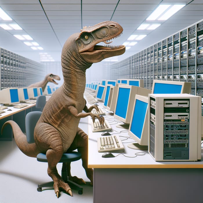 Humorous Dinosaur Uses Computer Among Many in Room