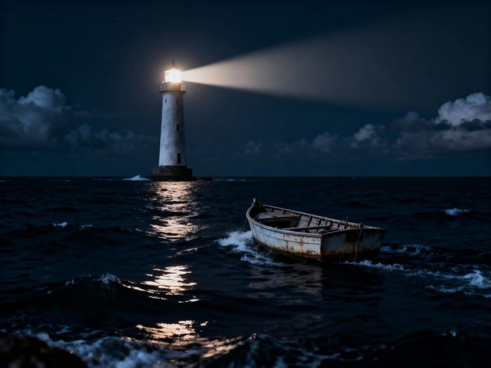 Lonely Boat in the Dark Sea with Lighthouse Lonely Boat in the Dark Sea with Lighthouse