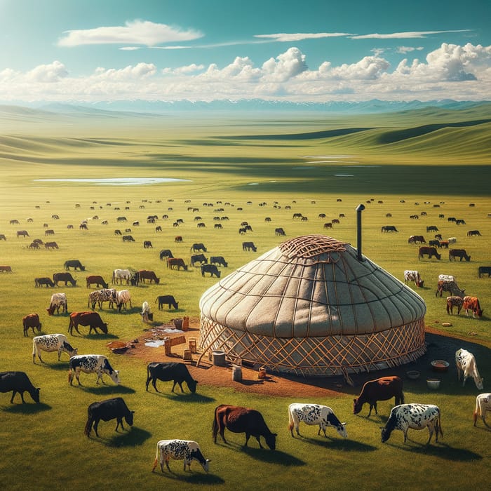 Kazakh Yurt and Cows in the Steppe Landscape