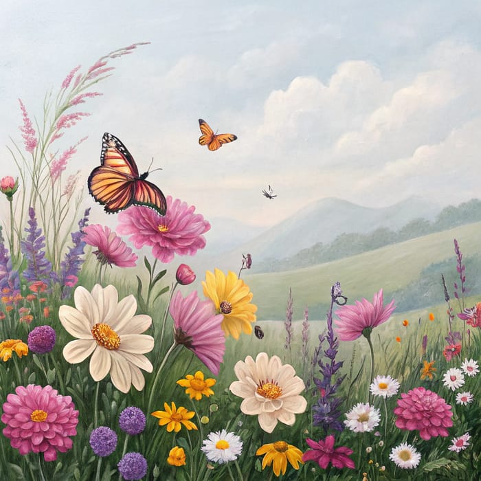 Vibrant Flower Field with Butterflies Art