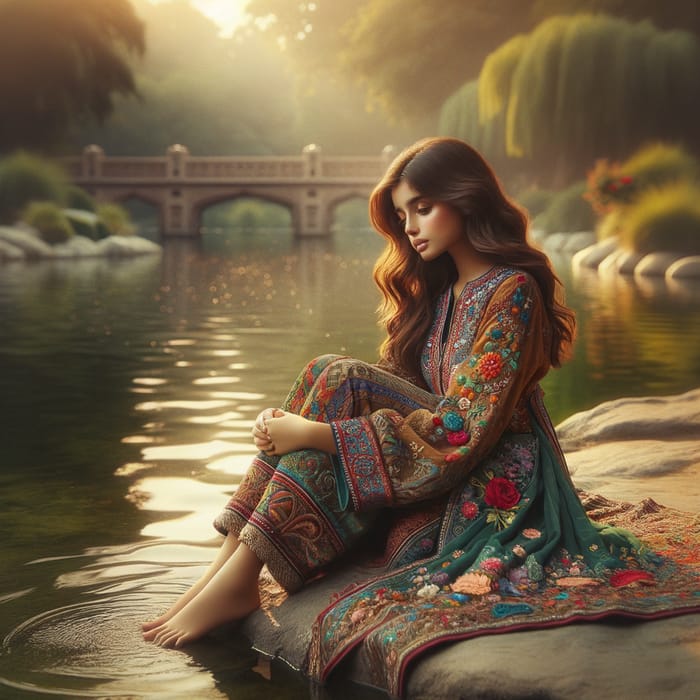 Pakistani Girl Enjoying by Lake in Traditional Dress