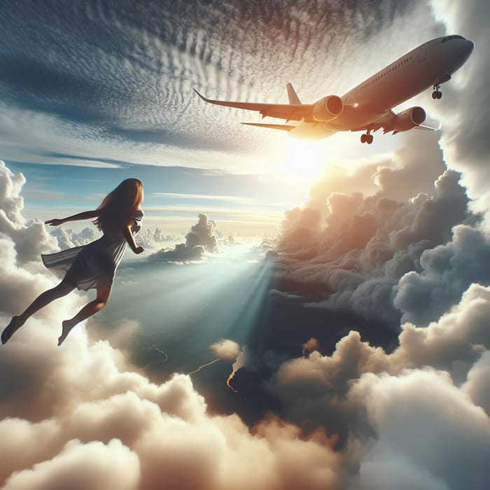 Woman Flying Over Clouds - Sky Adventure