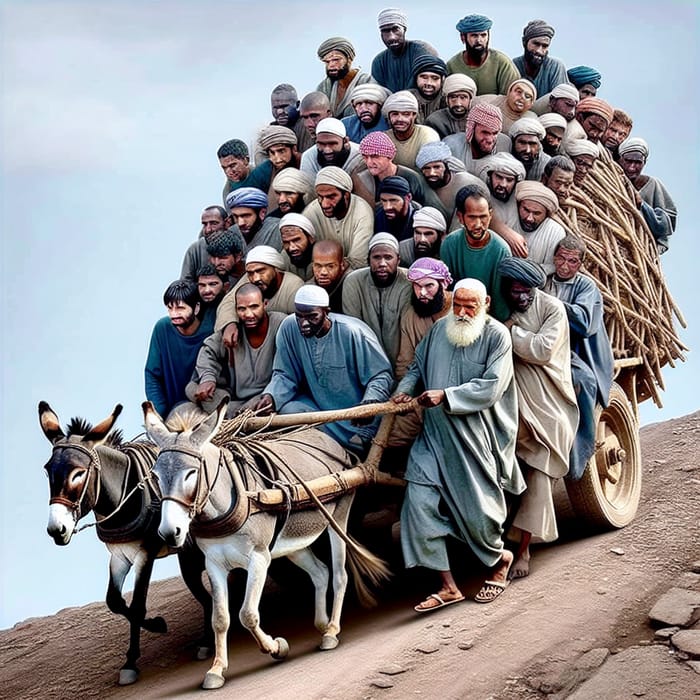 Donkey Pulling Cart with 20 Men on Broken Road