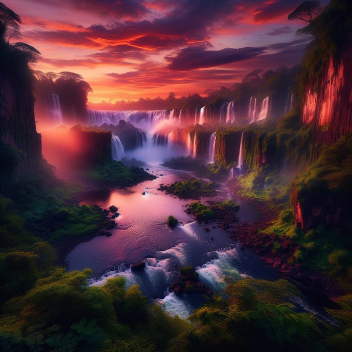 Tranquil Twilight Waterfall Scene with Vibrant Sunset Reflections