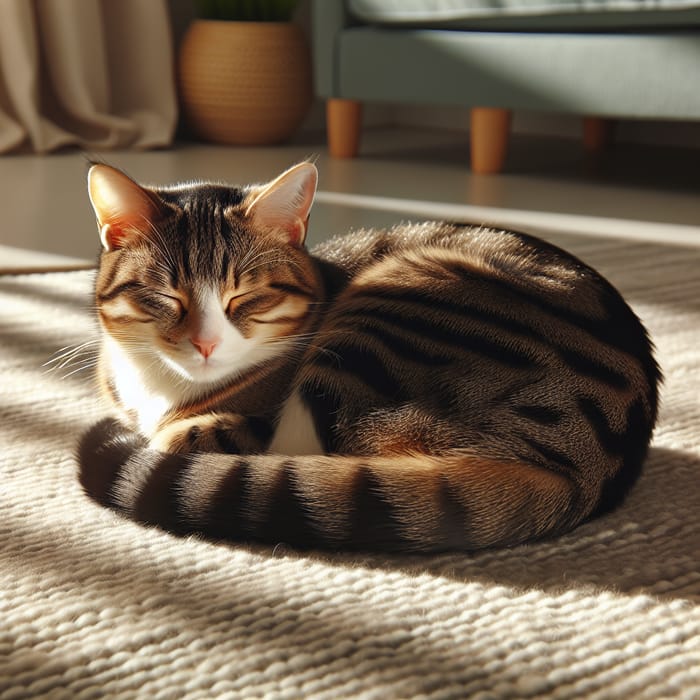 Adorable Tabby Cat Resting Serenely on Soft Rug