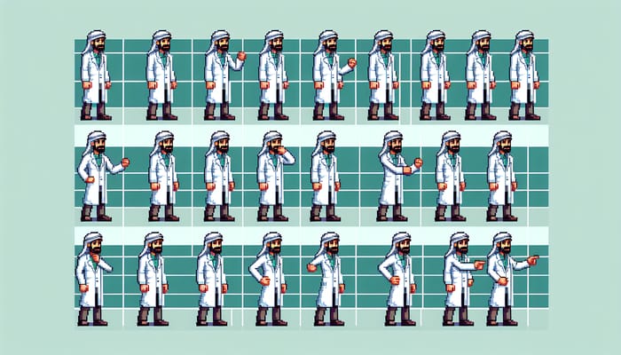 Pixel Art Sprite Sheet of Middle-Eastern Scientist