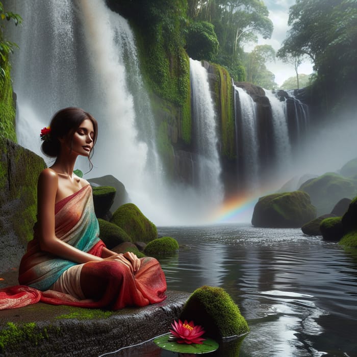 Beautiful Indian Woman by Tranquil Waterfall