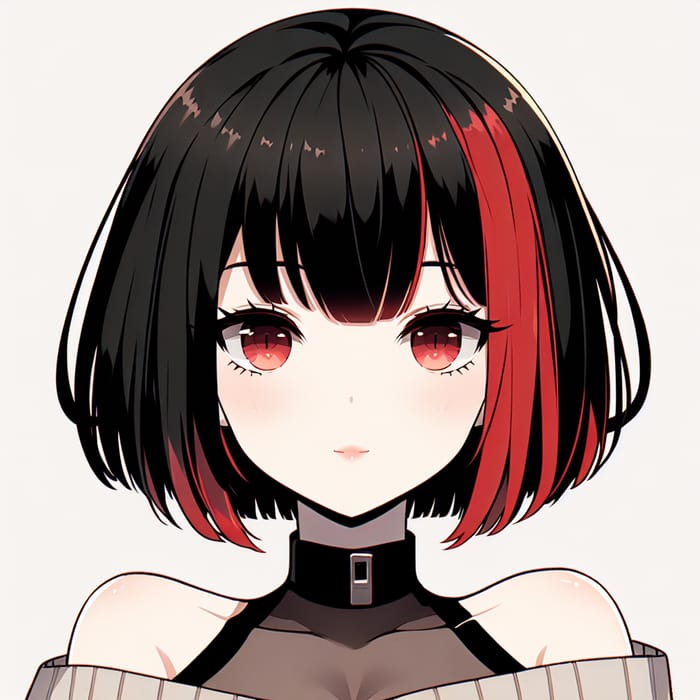 Anime Girl, Black Bob Hairstyle with Red Bangs