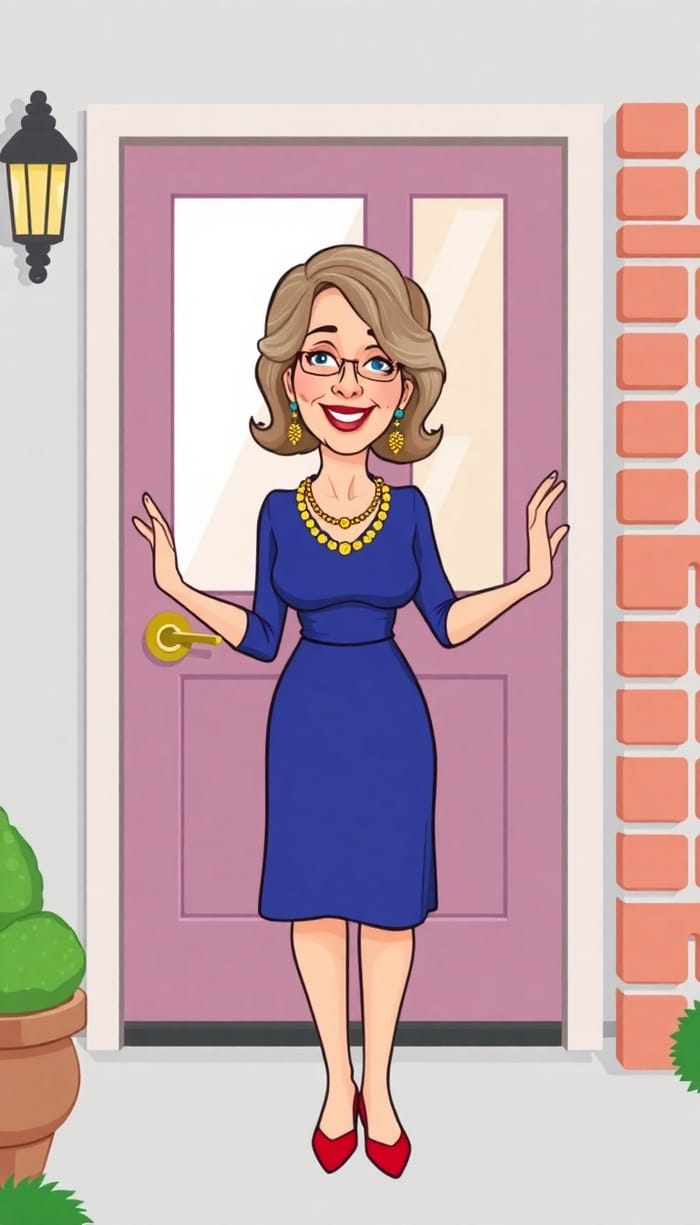 Cheerful Cartoon Woman Knocking on Door