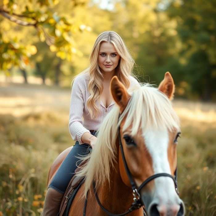 Blonde Woman Rides Horse in a Leafy Meadow