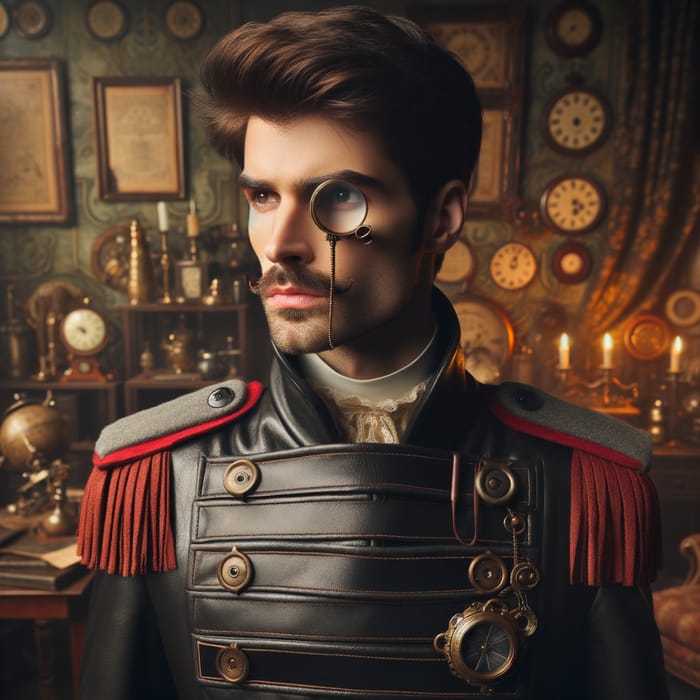 Steampunk Man in Lavish Office with Leather Raincoat and Monocle