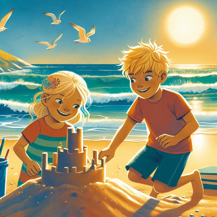 Tranquil Beach Day: Strong Blond Boy & Girl Building Sandcastle