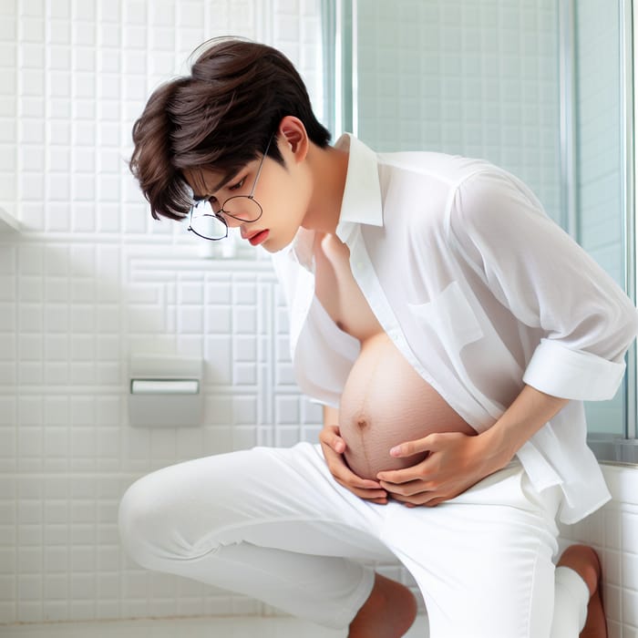 Handsome Korean Teen with Pregnant Belly Vomiting in Bathroom