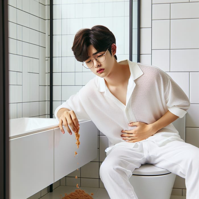 Korean Teenage Boy with Pregnant Belly, Vomitting in White Shirt and Pants