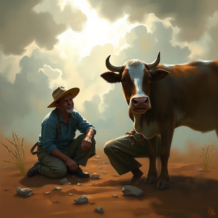 Empathetic Farmer and Distressed Cow in Rural Life