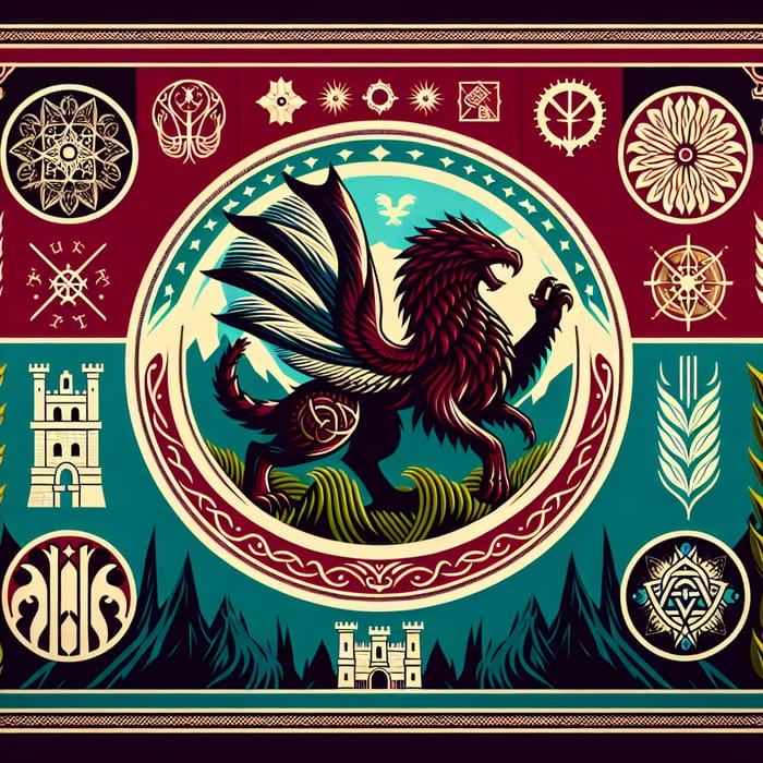 Fantasy Style Flag for Imaginary Kingdom | Vibrant Colors & Symbols Depicting Unity, Bravery, Tranquility, and Wealth