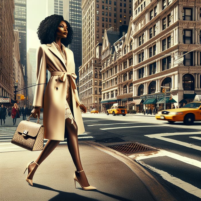 Elegant Black Woman in 40s Strutting New York City Fashion Street