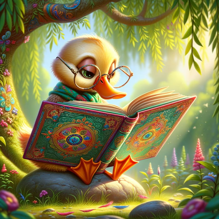 Cute Duck Reading Book in Serene Setting