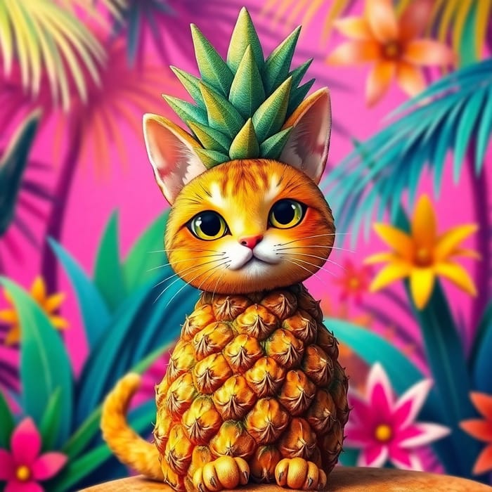 Whimsical Pineapple Cat Creature in Tropical Paradise