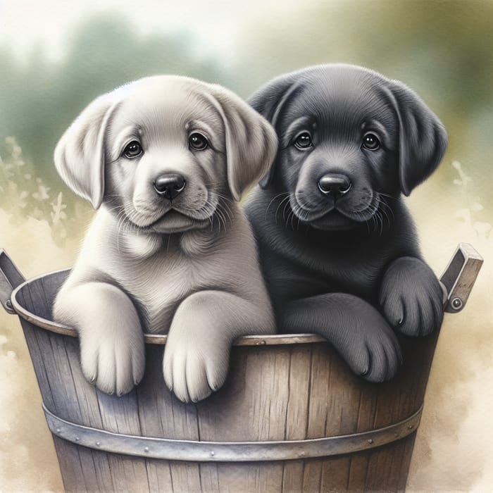 Adorable Silver and Charcoal Labrador Puppies in Bucket Watercolor