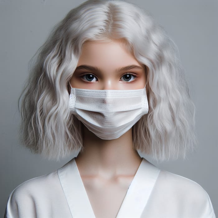 Caucasian Girl with Snowy White Hair and Mask in Pristine White Clothes