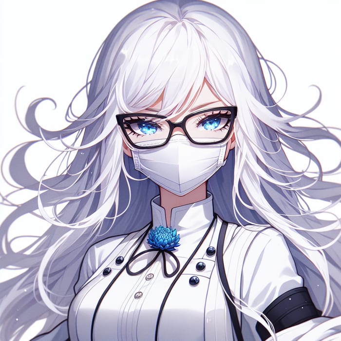 Anime Girl with White Hair & Golobumi Glasses | Pure White Attire & Mask