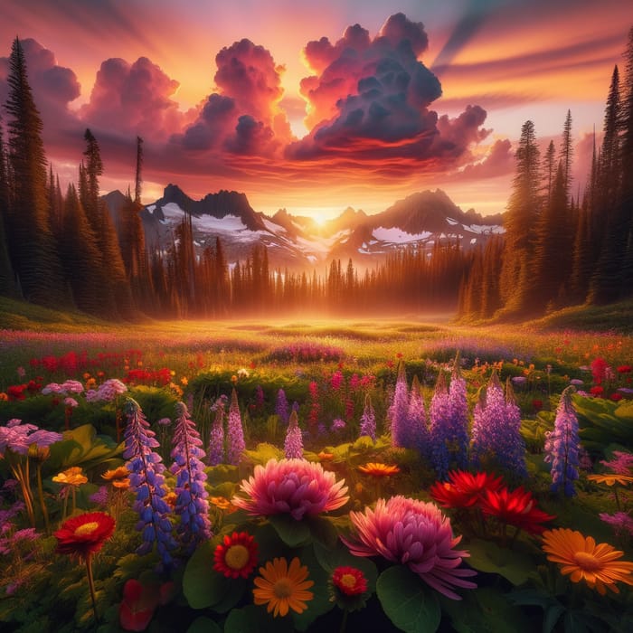 Beautiful Landscape: Majestic Sunset Scene with Wildflowers & Peaks