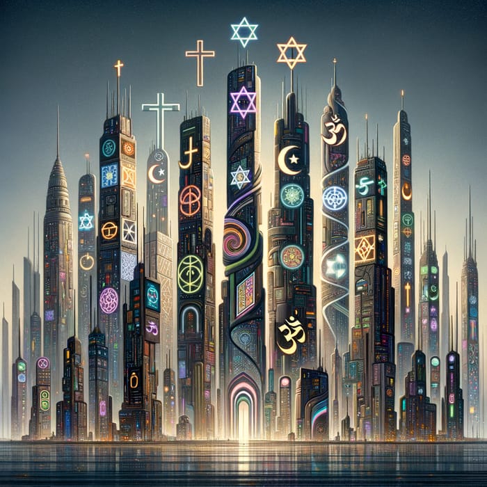 Futuristic City with Diverse Religious Symbols