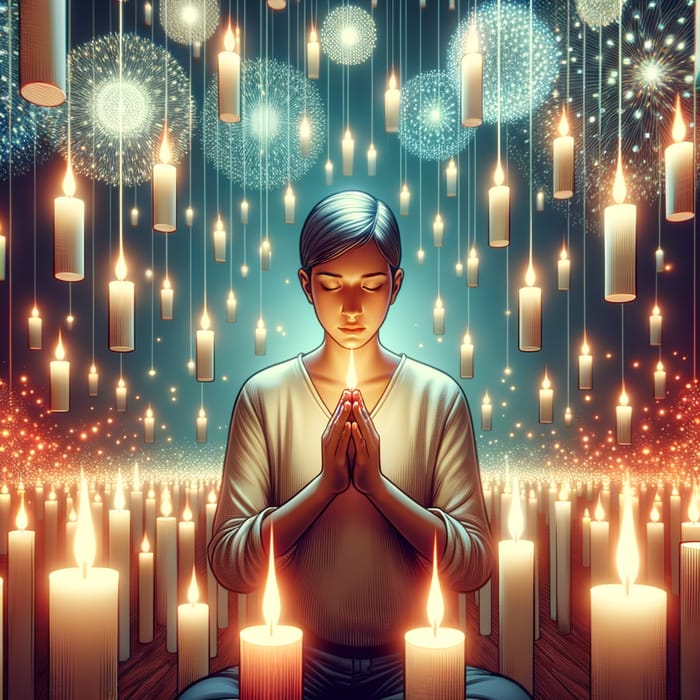 Figure in Prayer Surrounded by Floating Candles