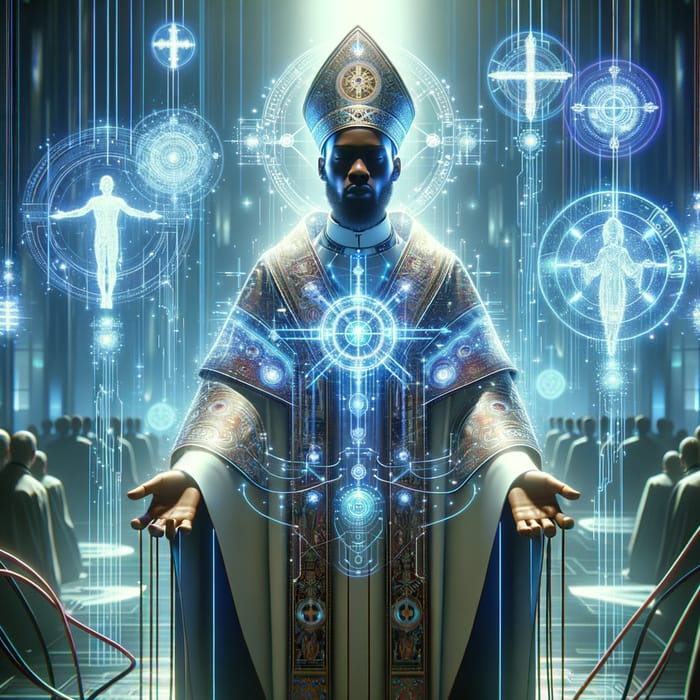 Futuristic Priest Performing High-Tech Ritual | Sacred Symbols