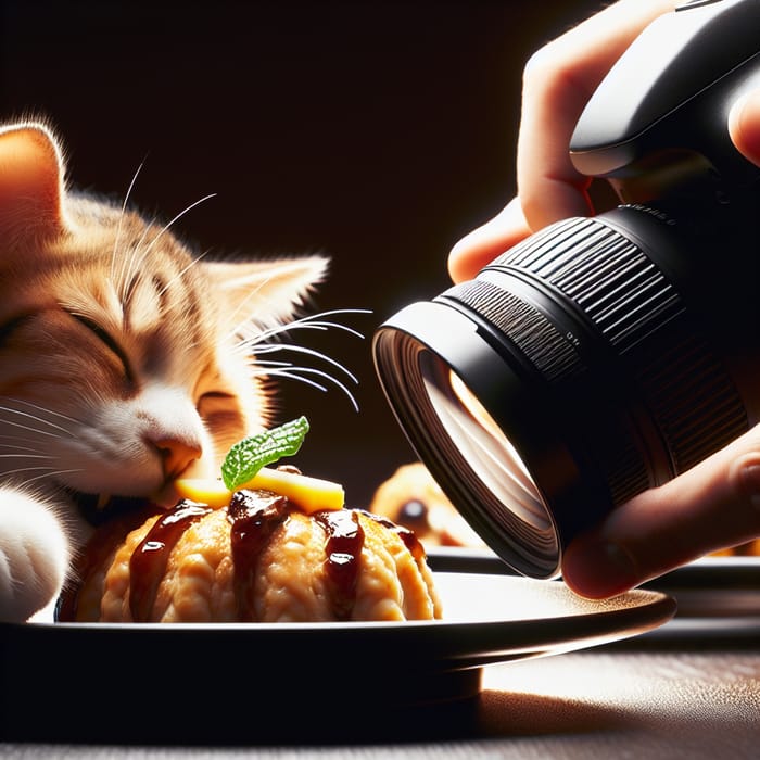 Mischievous Cat Enjoying Gourmet Cuisine in Elegant Setting