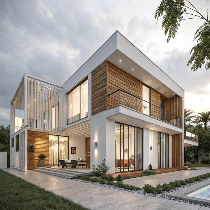 Modern Villa Architecture in White and Wood Design