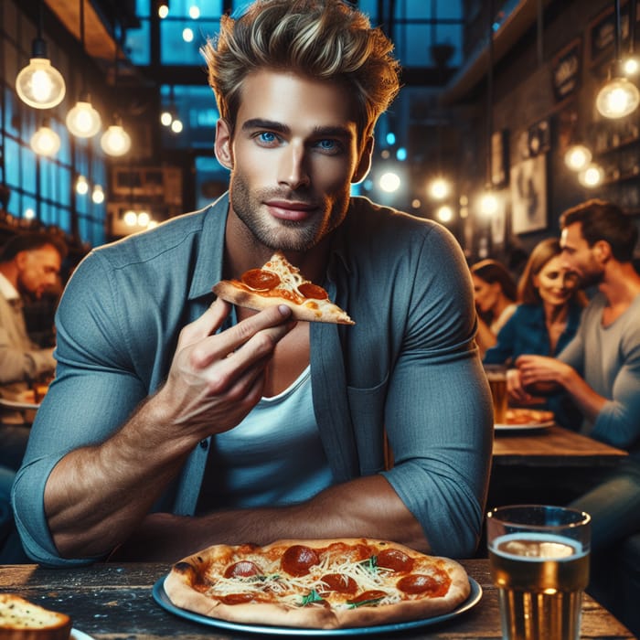 Ryan Gosling enjoying pizza in a cozy restaurant