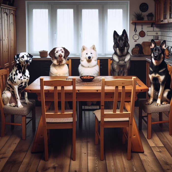 Cozy Wooden Dining Table with Diverse Mix of Dogs