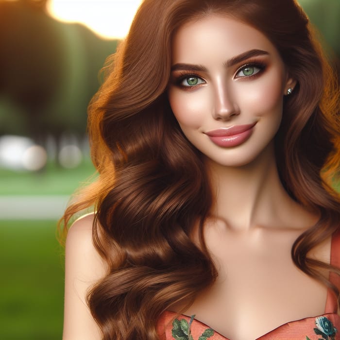 Enchanting Chestnut-Haired Beauty in Sunset-Colored Dress