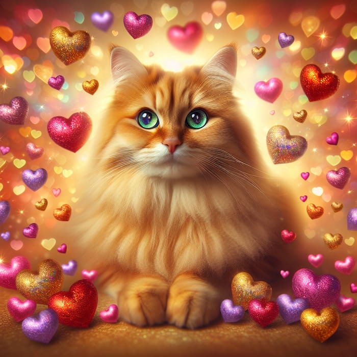 Beautiful Orange Cat Among Hearts - Emotional Pet Imagery