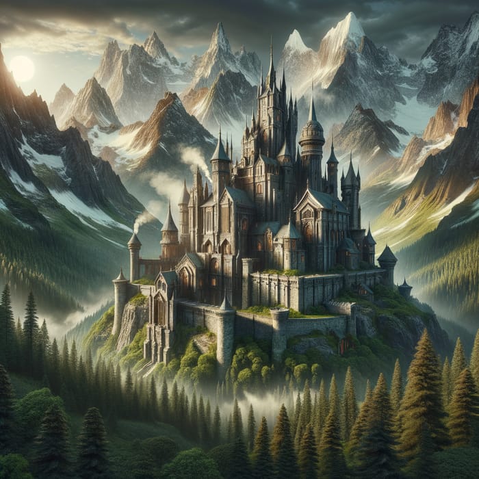 Fantasy Castle and Wood in Majestic Mountains