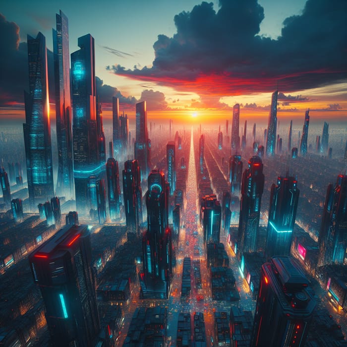 Neon Cyberpunk Cityscape - Sunset Majesty & Hovercars