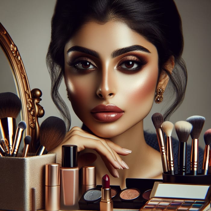 Beautiful South Asian Woman with Elegant Makeup Tools