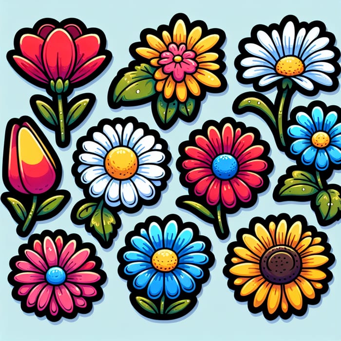 Cute Cartoon Flowers Sticker: Tulips, Daisies, Sunflowers