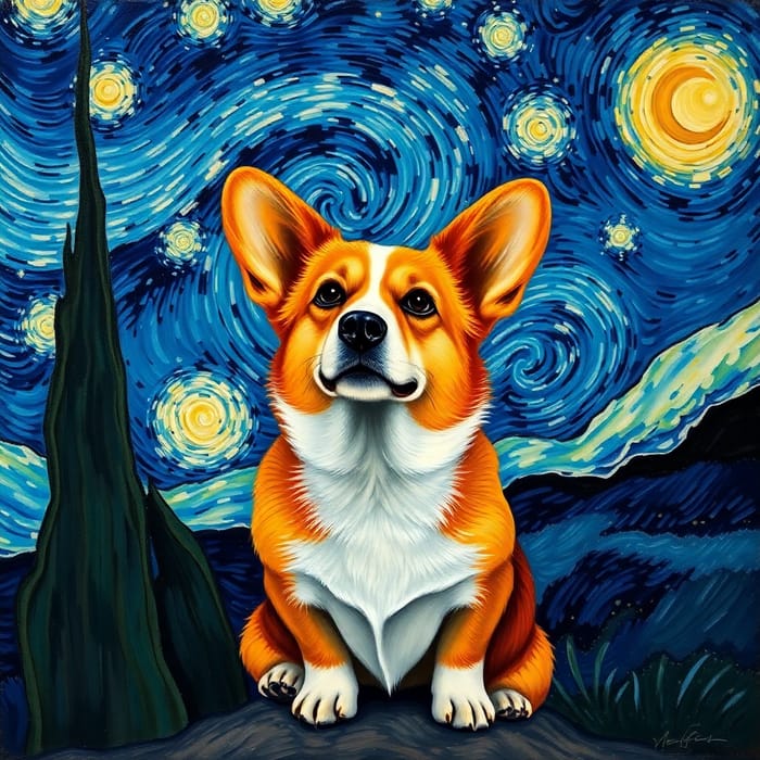 Corgi Against Van Gogh's Starry Night