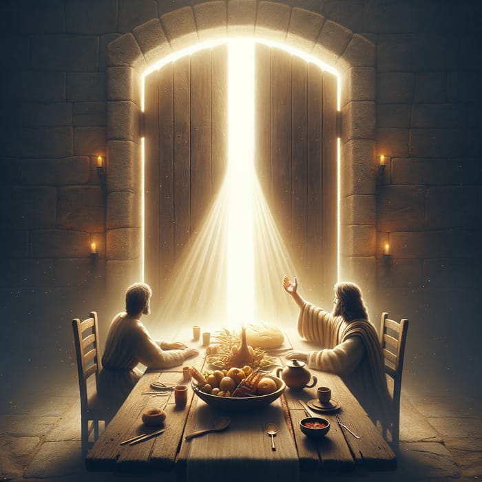 Spiritual Encounter: Divine Light and Abundant Meal Scene