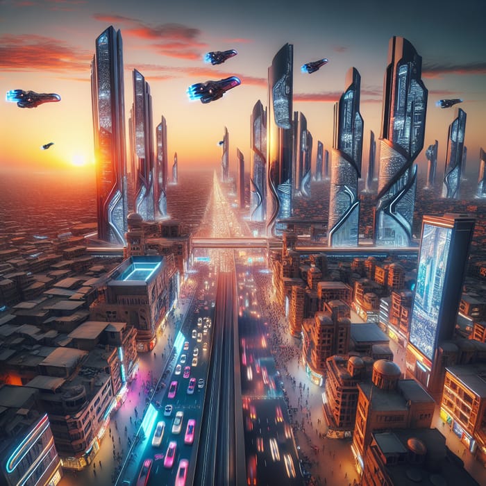 African Futuristic Cityscape at Sunset - Neon Lights & Flying Cars