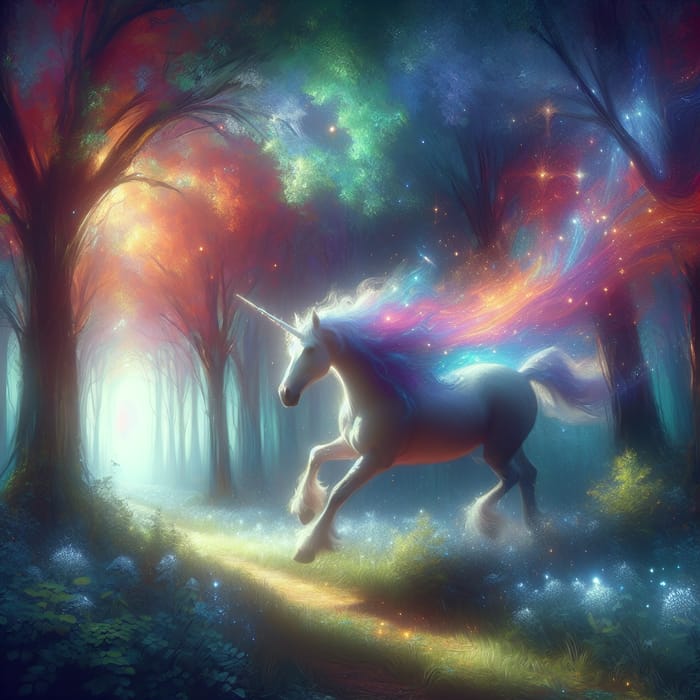 Magical Unicorn in Mystical Forest Fantasy Art