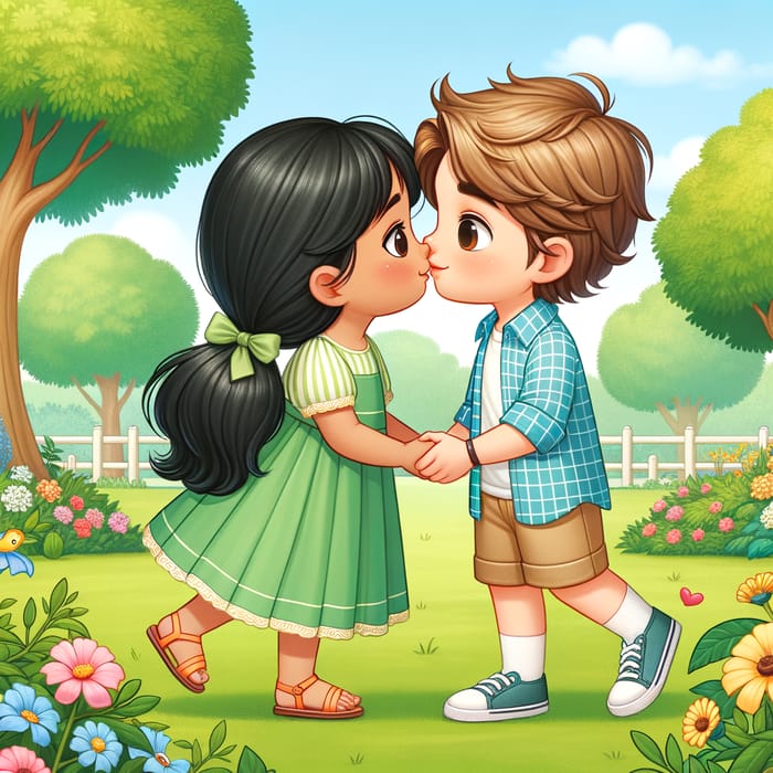 Romantic Couple Kissing in Peaceful Park Scene